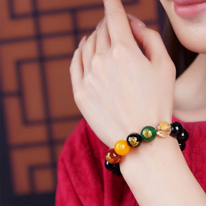 Buddha Stones Obsidiana con brillo dorado Obsidiana arcoíris Obsidiana negra Cinco direcciones Dioses de la riqueza Pulsera