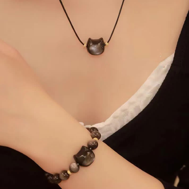 Buddha Stones Obsidiana con brillo dorado Obsidiana con brillo plateado Pata encantadora Pulsera de protección del gato de la suerte - image 40