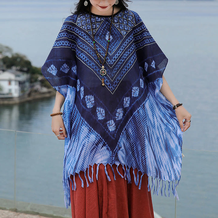 Jersey suave con chal Batik de rayas triangulares azules con Buddha Stones 90*95cm