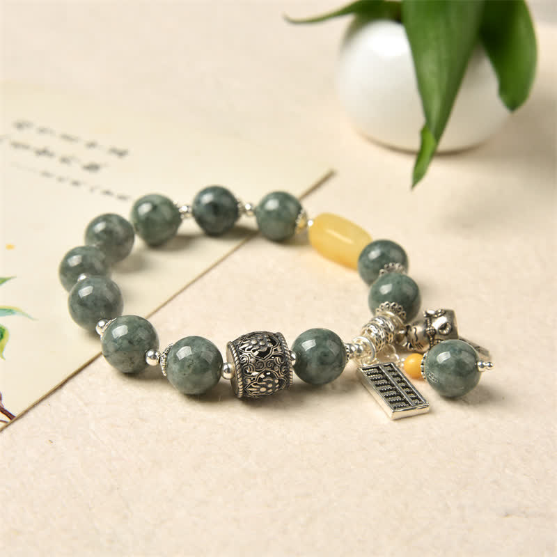 Pulsera de éxito de gato de la suerte con ábaco ámbar, jade cian y plata de ley 925 - image 6