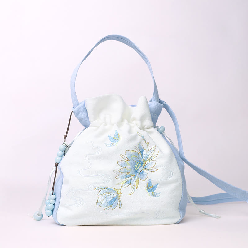 Bolso bandolera con Buddha Stones, bordado, mariposa, loto, magnolia, algodón y lino