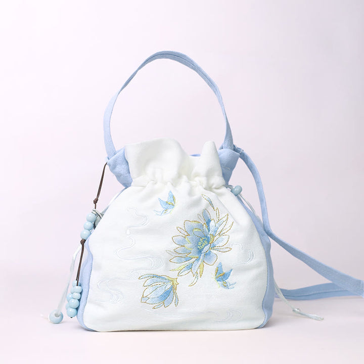 Bolso bandolera con Buddha Stones, bordado, mariposa, loto, magnolia, algodón y lino