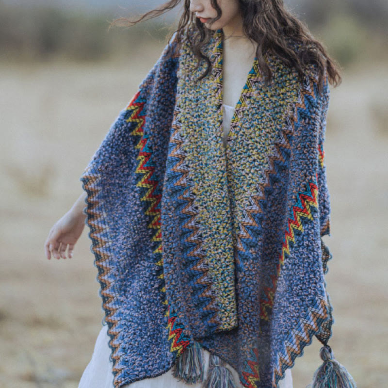 Mantón tibetano de Buddha Stones, capa de punto suave y cálida, bufanda tibetana con borlas de invierno - image 6