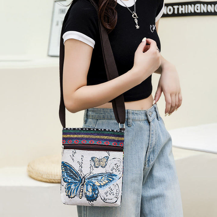 Bolso bandolera de lona bordado con mariposa de elefante, bolso bandolera