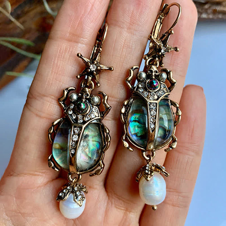 Pendientes colgantes con forma de calavera y escarabajo, estilo vintage, con perlas de cristal y escarabajo