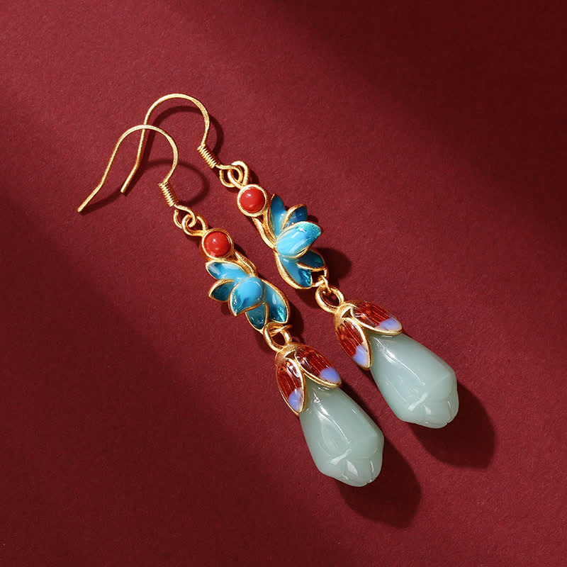 Pendientes colgantes con forma de flor de magnolia y jade, diseño de suerte y prosperidad