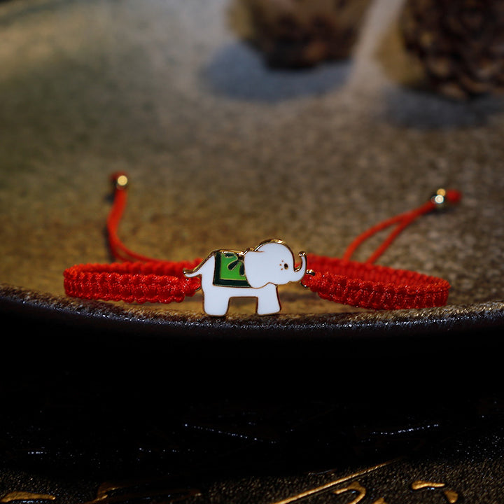 Pulsera de hilo rojo con elefante de la suerte de plata de ley 925 hecha a mano tibetana con Buddha Stones