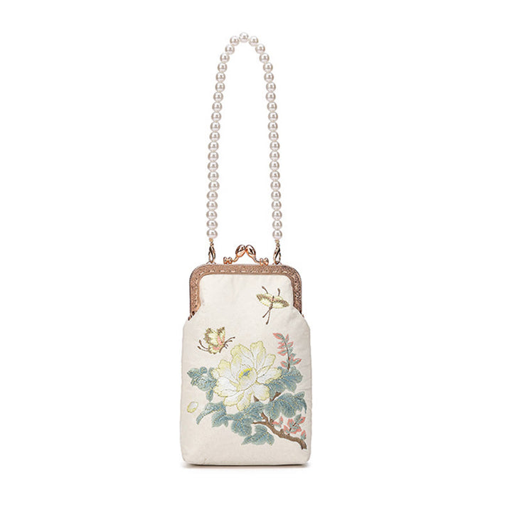 Bolso bandolera con cadena de metal y perlas bordadas con mariposas y flores pequeñas de Buddha Stones, bolso cruzado para teléfono móvil