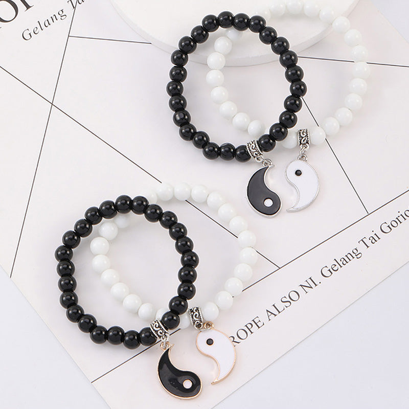 Buddha Stones 2 uds. Pulsera de pareja de protección Yin Yang con cuentas de turquesa blanca y ónix negro