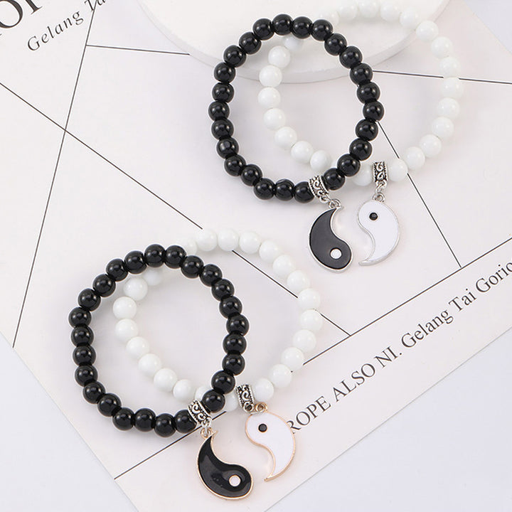 Buddha Stones 2 uds. Pulsera de pareja de protección Yin Yang con cuentas de turquesa blanca y ónix negro