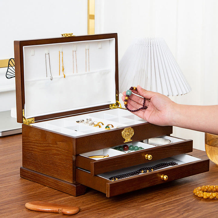 Caja de joyería de madera retro con Buddha Stones, caja de almacenamiento de joyas de tres capas