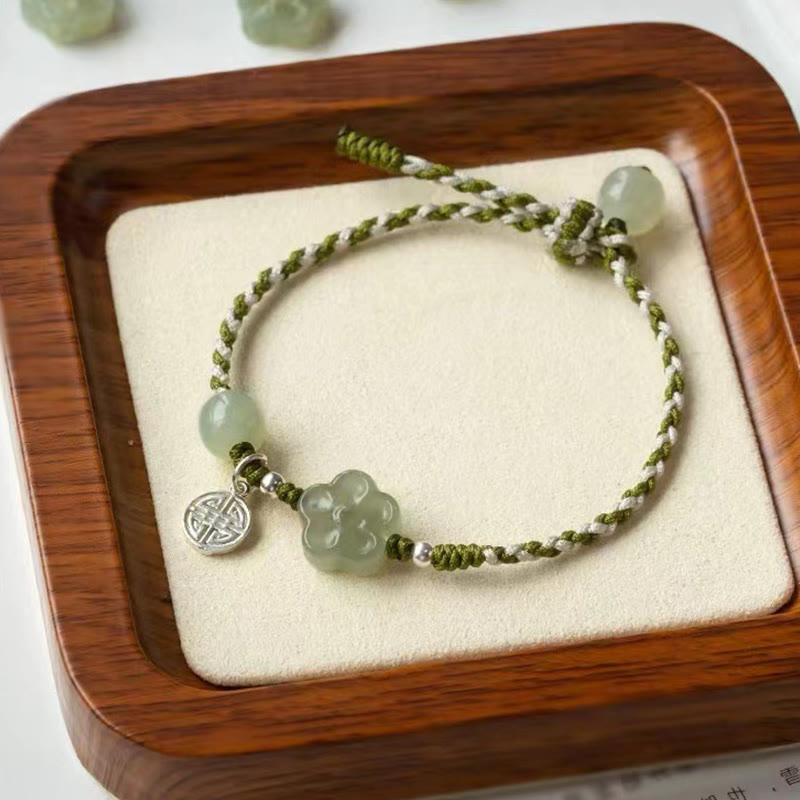 Pulsera trenzada hecha a mano con Buddha Stones , flor de ciruelo, flor de Jade, suerte y prosperidad