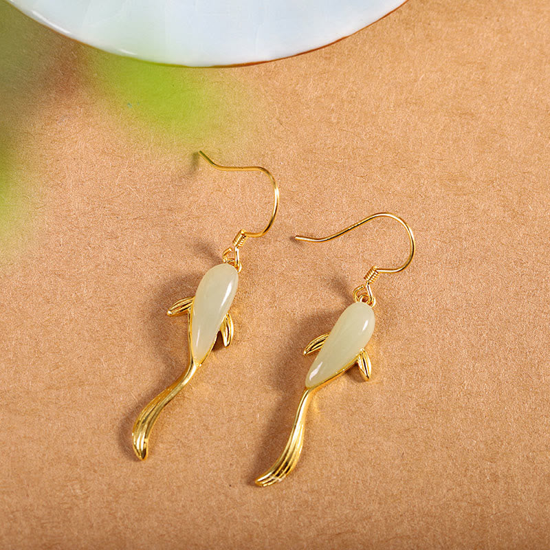 Pendientes colgantes con diseño de pez y suerte de jade