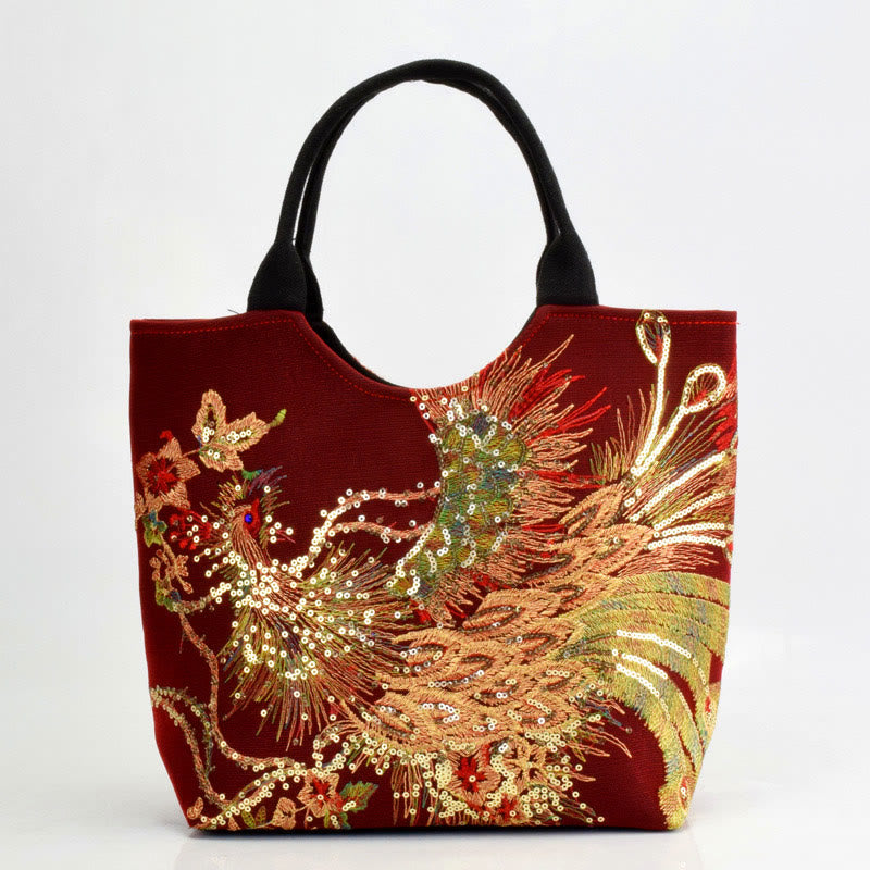 Bolso tote con bordado de pavo real y Buddha Stones, bolso de hombro, bolso cruzado - Pavo real rojo vino - Bolso de mano sencillo - image 17