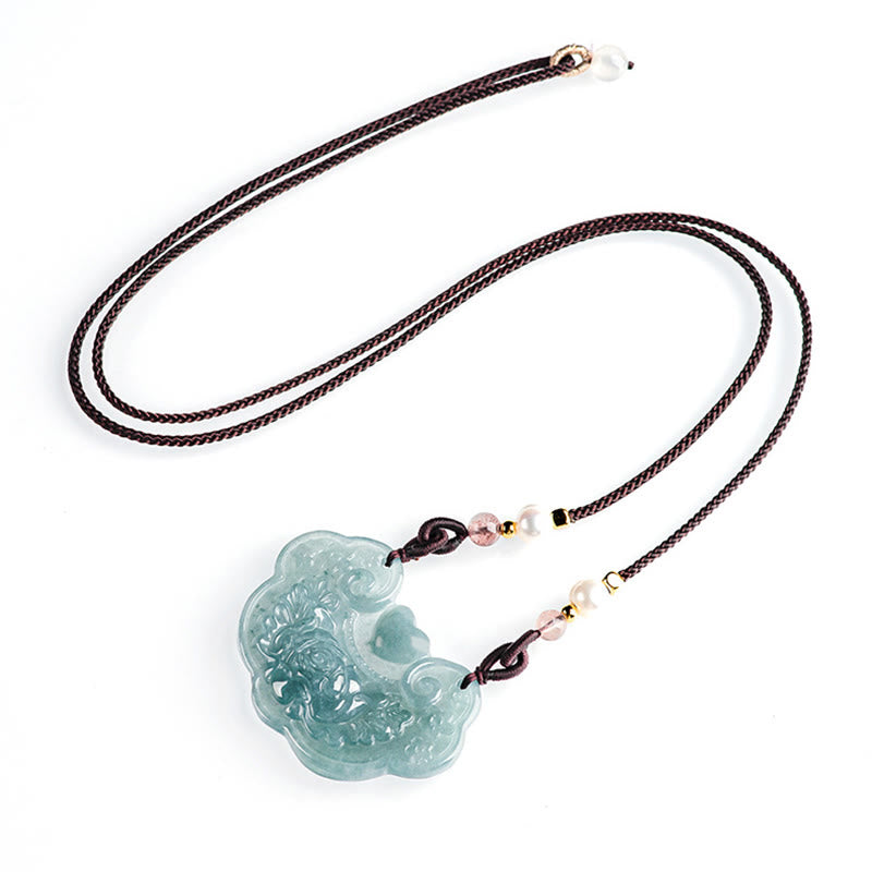 Buddha Stones Natural Jade Peonía Flor Candado de Buenos Deseos Prosperidad Collar Colgante