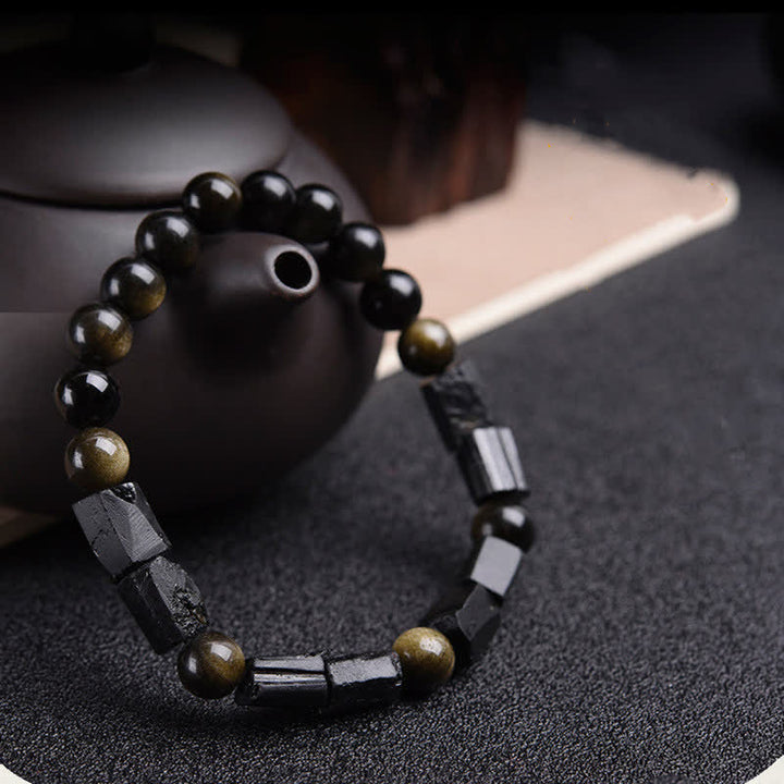Pulsera de riqueza de turmalina negra obsidiana con brillo dorado de Buddha Stones