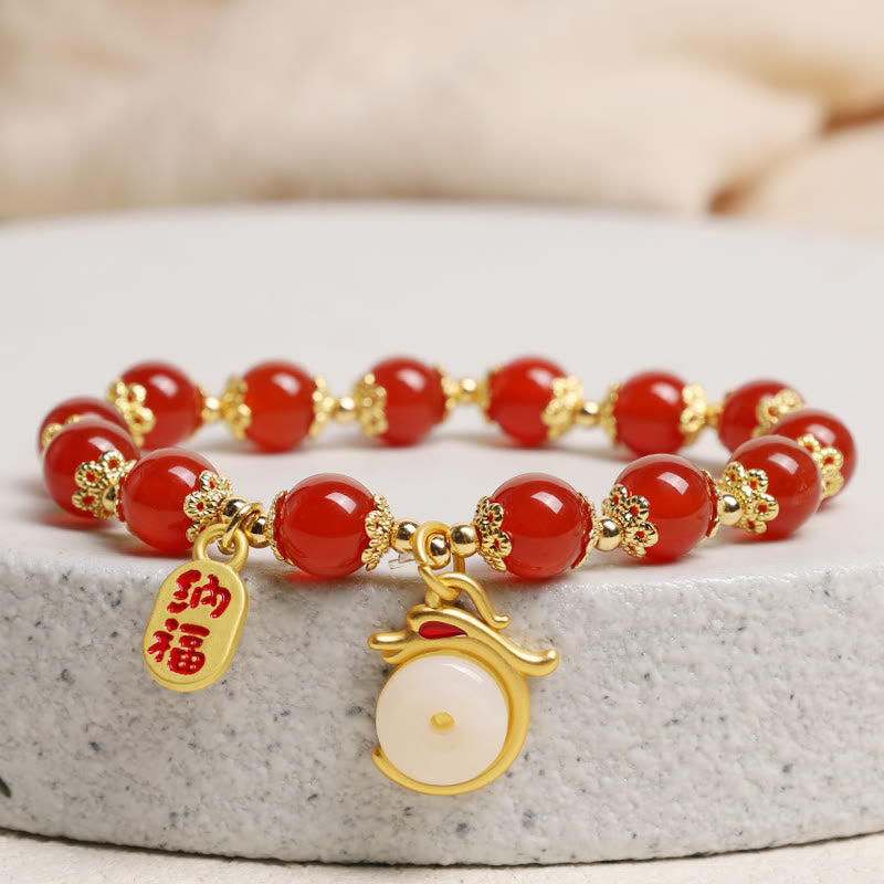 Buddha Stones Año del Dragón Ágata Roja Aventurina Verde Hebilla de la Paz Personaje Fu Pulsera de la Fortuna de la Suerte