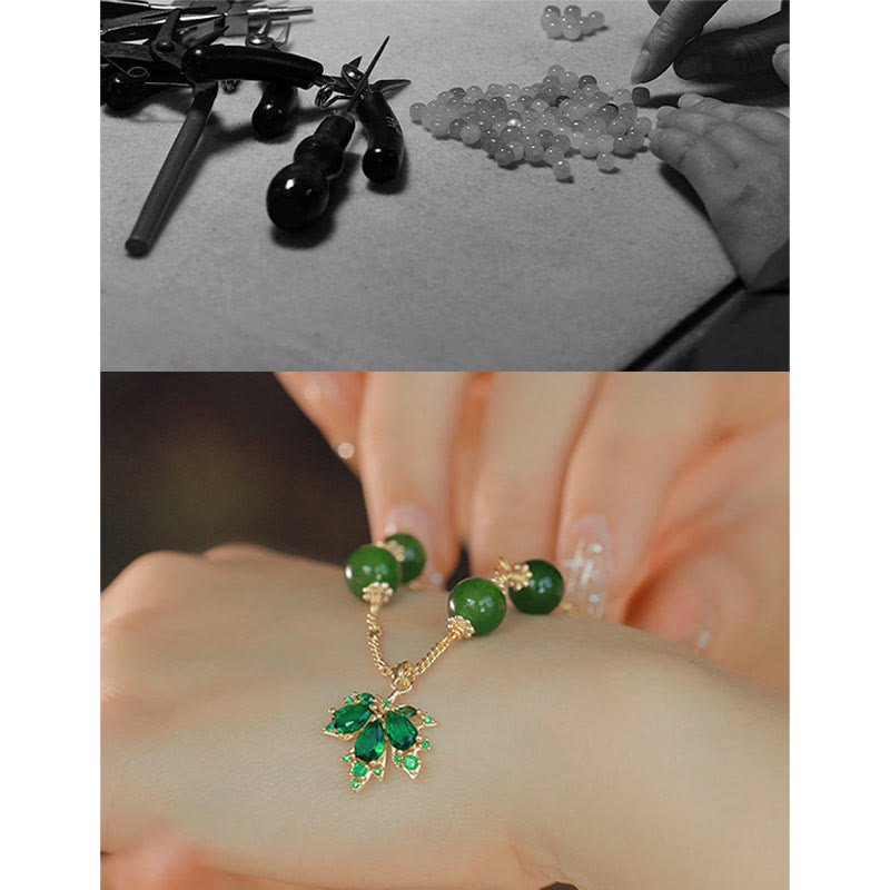 Pulsera de fuerza de valor de hoja de arce de calcedonia verde chapada en oro de 14 quilates con Buddha Stones