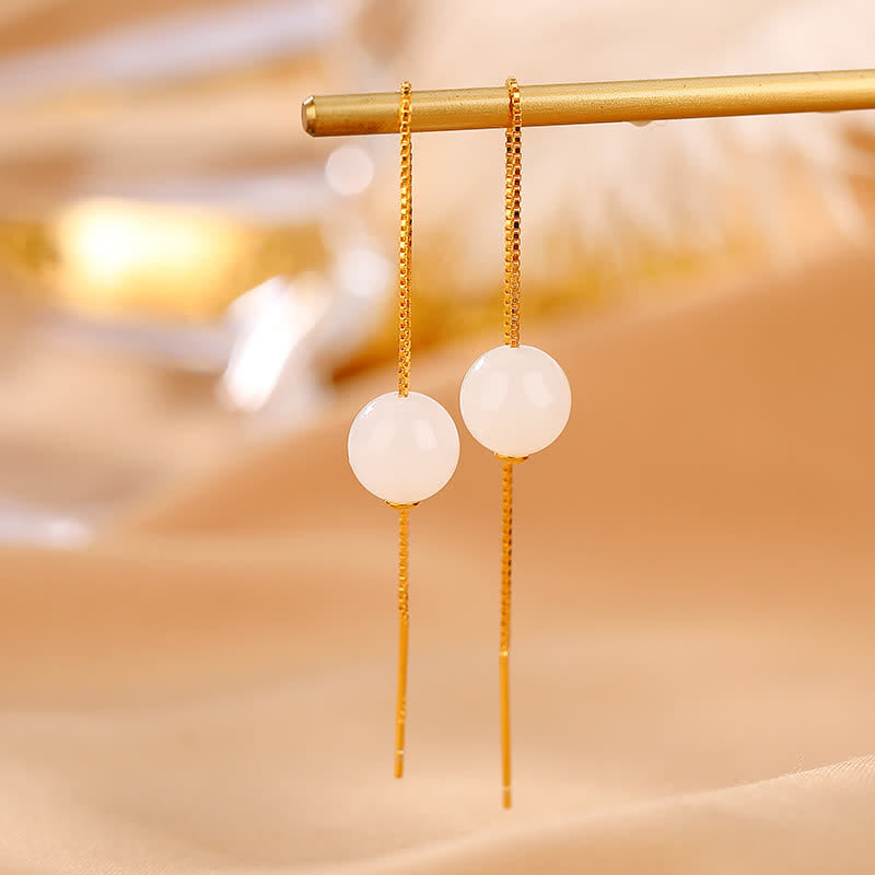 Pendientes colgantes de felicidad con cuentas de jade blanco de plata de ley 925