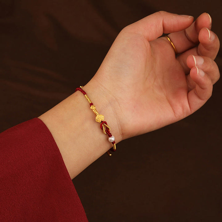 Pulsera trenzada de la suerte con perlas de conejo y mango de Ruyi del deseo de oro de 24 quilates con Buddha Stones - image 5