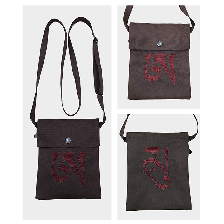 Hecho a mano OM Mantra bordado espiritual mente práctica algodón crossbody bolso hombro bolso teléfono celular