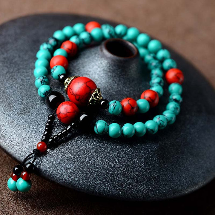 Pulsera de Protección de Cuentas de Turquesa Roja Ónix Negro Turquesa Buddha Stones