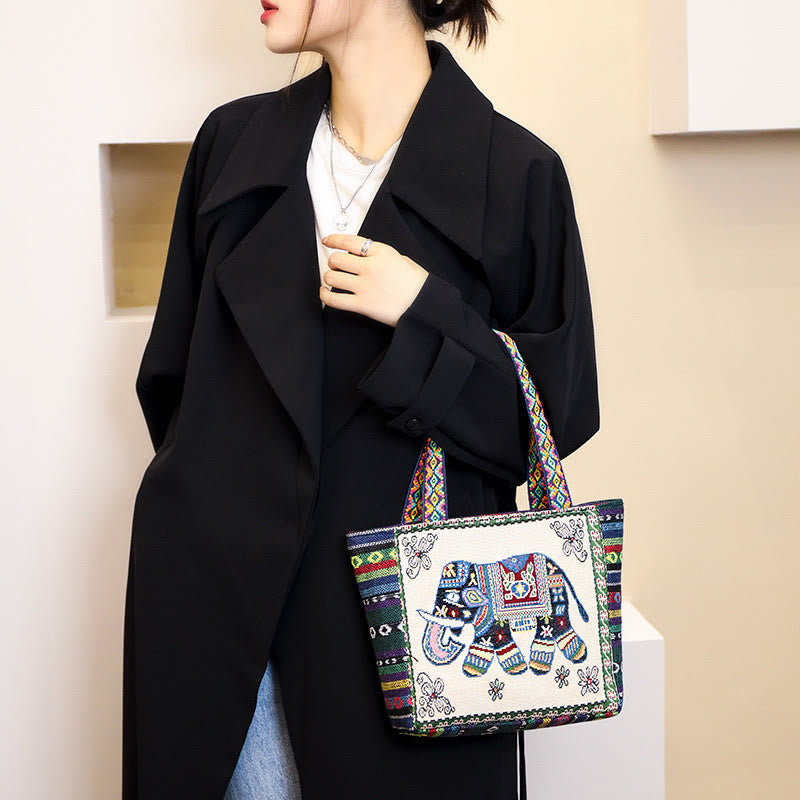 Bolso bandolera de lona de gran capacidad con bordado de mariposa y elefante