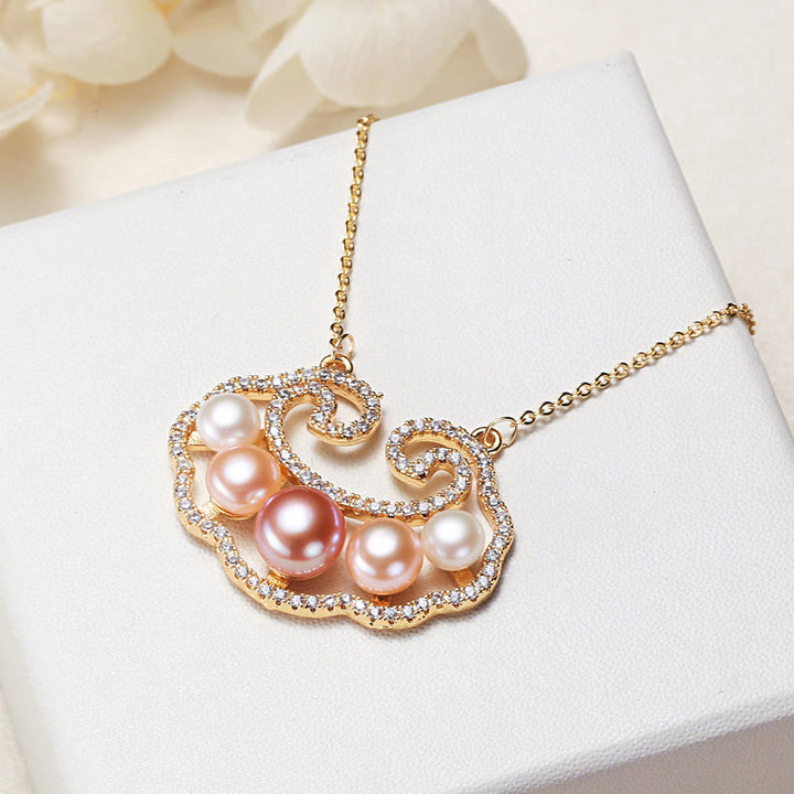 Colgante de collar de sinceridad con dije de cerradura china de perlas naturales chapado en oro de 18 quilates con Buddha Stones
