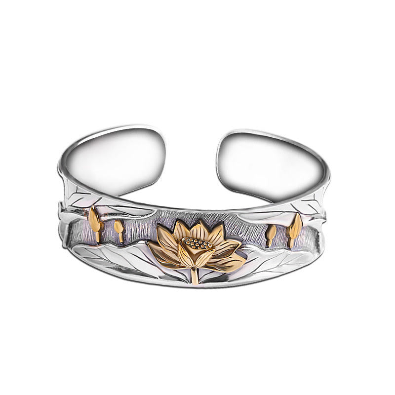 Pulsera ajustable con diseño de flor de loto de plata de ley 925 con Buddha Stones