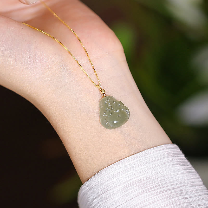 Plata de Ley 925 Natural Hetian Jade cian Jade suerte riendo Buda mariposa collar colgante - Buda sonriente de jade de Hetian - image 2