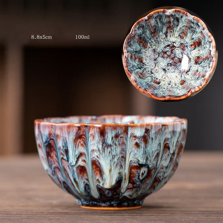 Tazas de té de cerámica con diseño de flor de melocotón y Buddha Stones