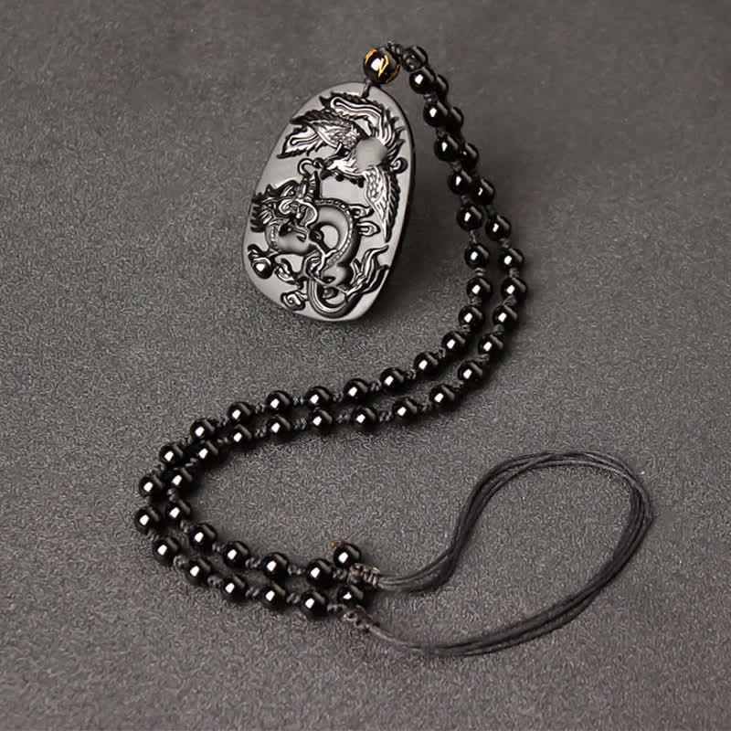 Colgante de collar con cuentas de protección de dragón y fénix de ojo de tigre de obsidiana negra - Cuerda retráctil de cuentas de obsidiana - image 9