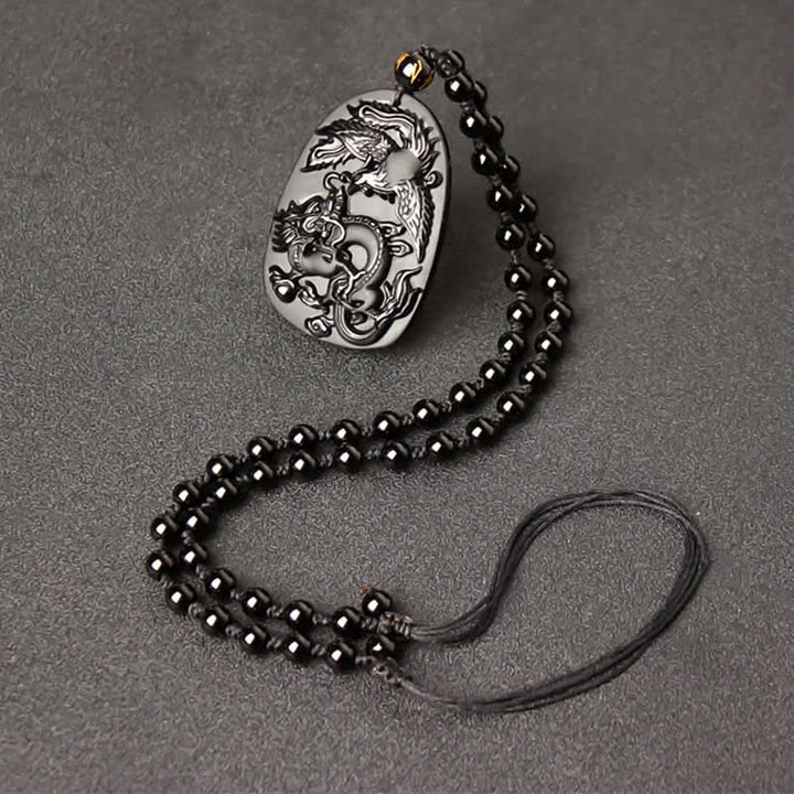 Colgante de collar con cuentas de protección de dragón y fénix de ojo de tigre de obsidiana negra - Cuerda retráctil de cuentas de obsidiana - image 9