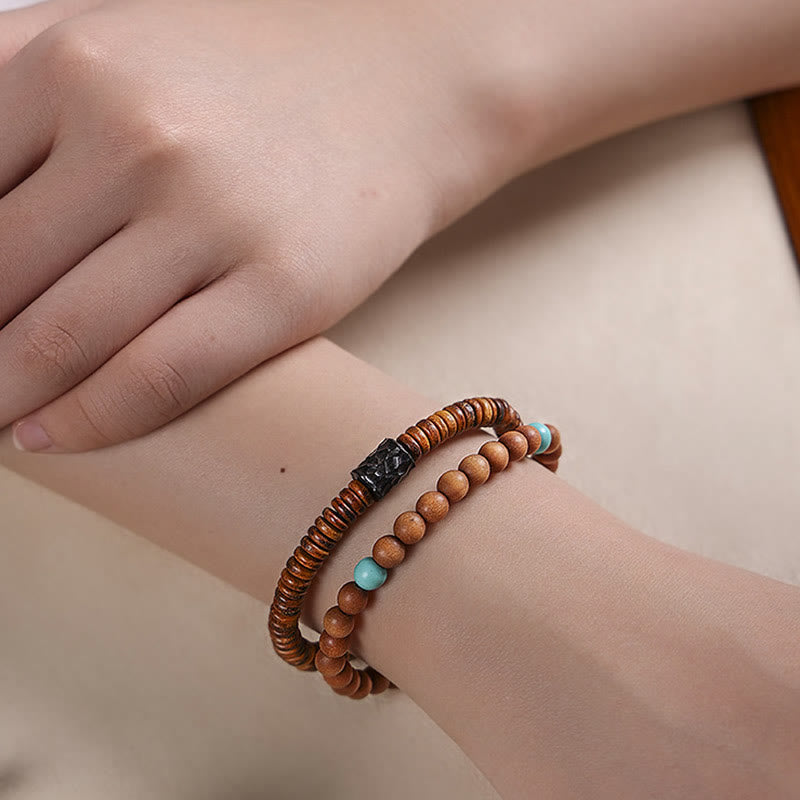 Pulsera de doble vuelta con protección de sándalo, turquesa y sándalo rojo de hoja pequeña con Buddha Stones
