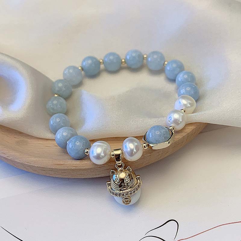 Pulsera con dije de gato de la suerte, curación de la paz, perlas de aguamarina, Buddha Stones - image 5
