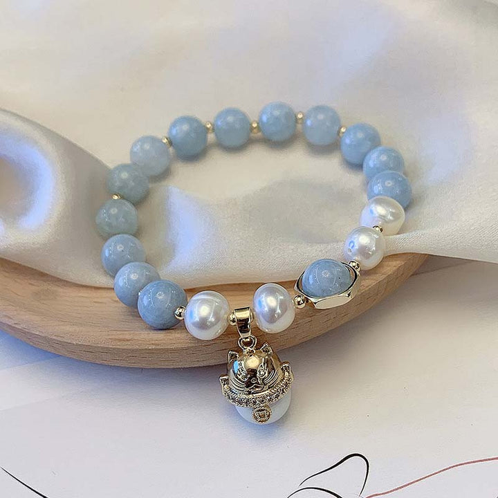 Pulsera con dije de gato de la suerte, curación de la paz, perlas de aguamarina, Buddha Stones - image 5