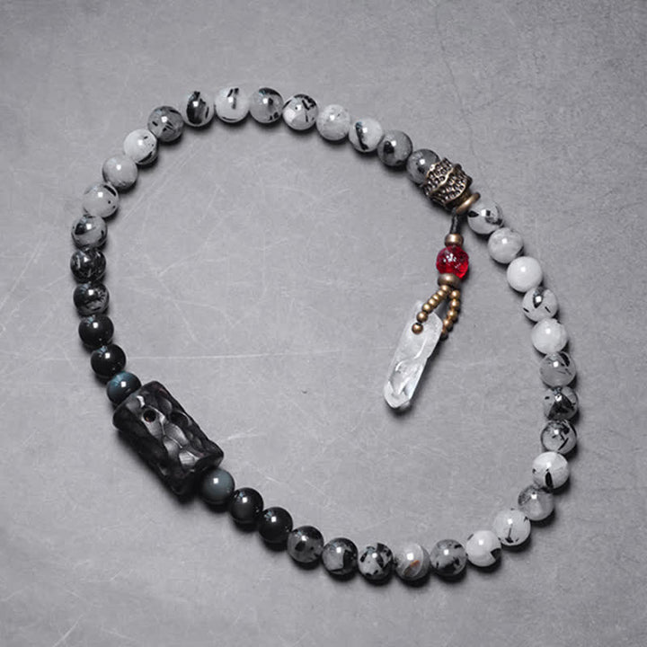Pulsera de pareja de éxito de cristal blanco de madera de ébano de cuarzo rutilado negro