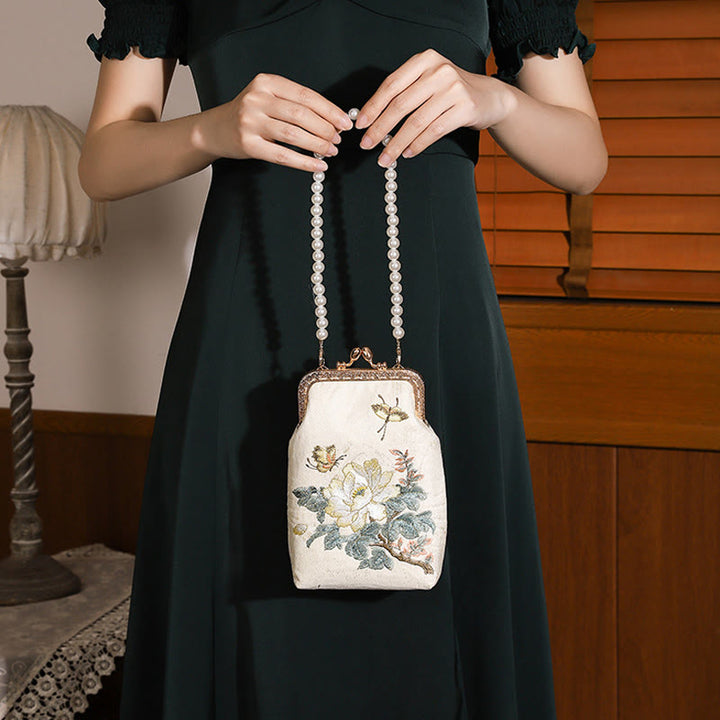Bolso bandolera con cadena de metal y perlas bordadas con mariposas y flores pequeñas de Buddha Stones, bolso cruzado para teléfono móvil