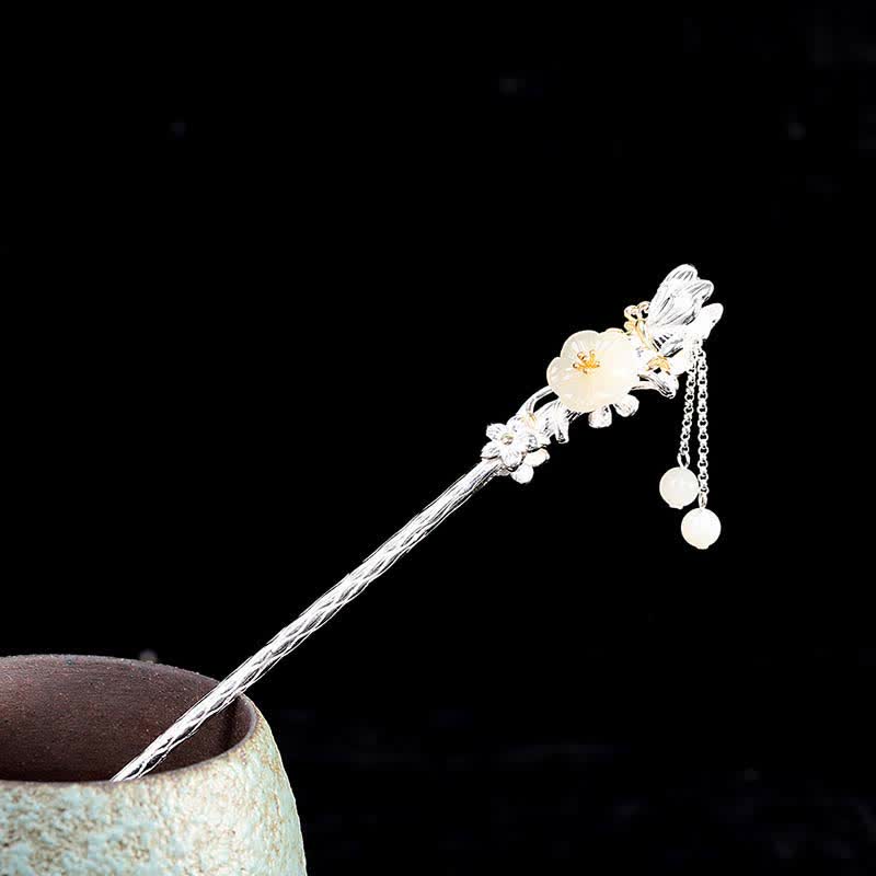 Horquilla de bendición de flor de jade blanco hetiano de plata de ley 925 - Jade Blanco Hetian (Protección ♥ Felicidad) - image 0