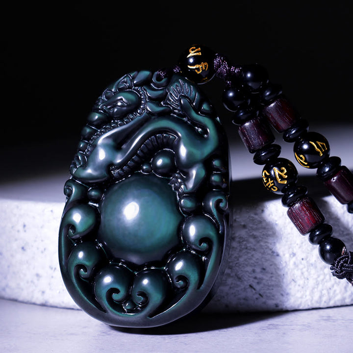 Collar PiXiu de obsidiana arcoíris positiva tibetana con Buddha Stones