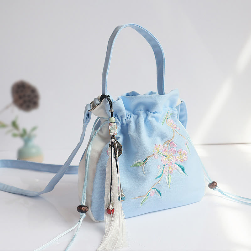 Bolso de hombro de lona con flores bordadas hechas a mano con Buddha Stones - Flor de durazno azul y blanca 20*20 cm - image 31