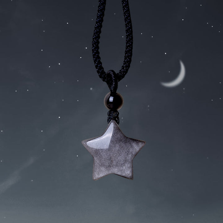 Colgante de collar de protección de luna creciente con estrella de obsidiana brillante de plata natural con Buddha Stones