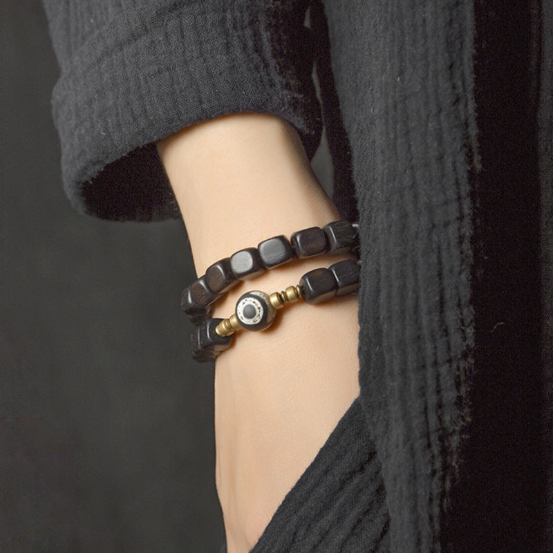 Pulsera de pareja de paz de cobre con cuentas Dzi de madera de ébano