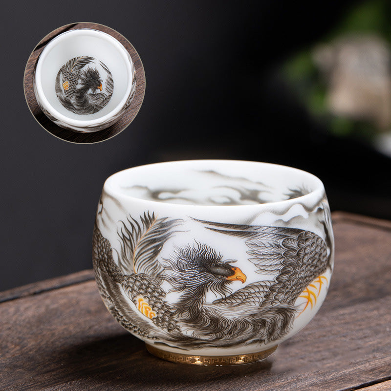 Taza de té de cerámica de porcelana blanca Phoenix Buddha Stones, taza de té de Kung Fu de 185ml con caja de regalo