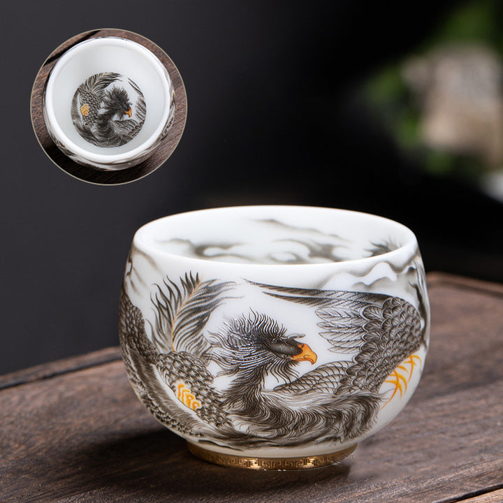 Taza de té de cerámica de porcelana blanca Phoenix Buddha Stones, taza de té de Kung Fu de 185ml con caja de regalo