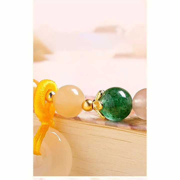 Pulsera de riqueza con hebilla de paz de jade de seda dorada colorida chapada en oro de 14 Buddha Stones