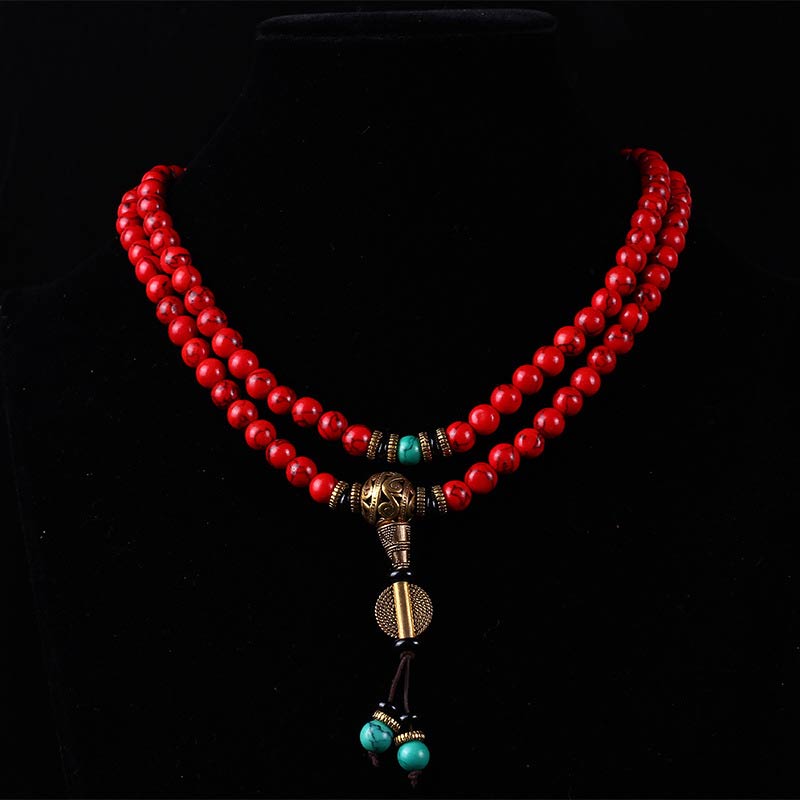 Pulsera con collar de la suerte, mala tibetana, Buddha Stones , color rojo y turquesa