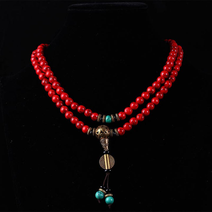 Pulsera con collar de la suerte, mala tibetana, Buddha Stones , color rojo y turquesa