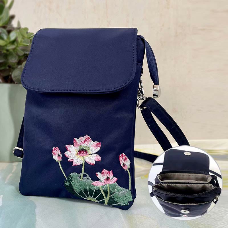 Buddha Stones, resistente al agua, hecho a mano, bordado, flores de loto, bolso de hombro, bolso para teléfono móvil