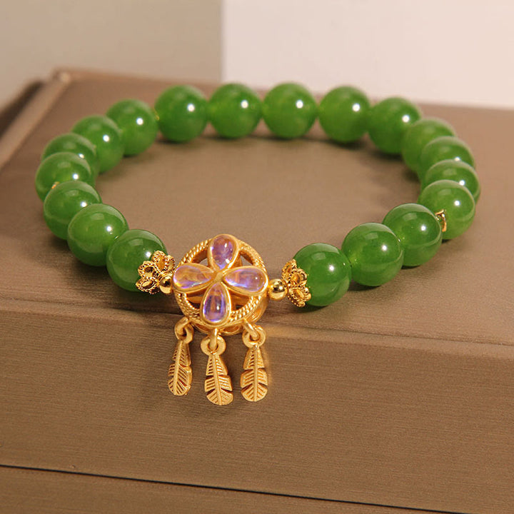 Pulsera de la suerte con trébol de cuatro hojas y atrapasueños de jade verde con Buddha Stones